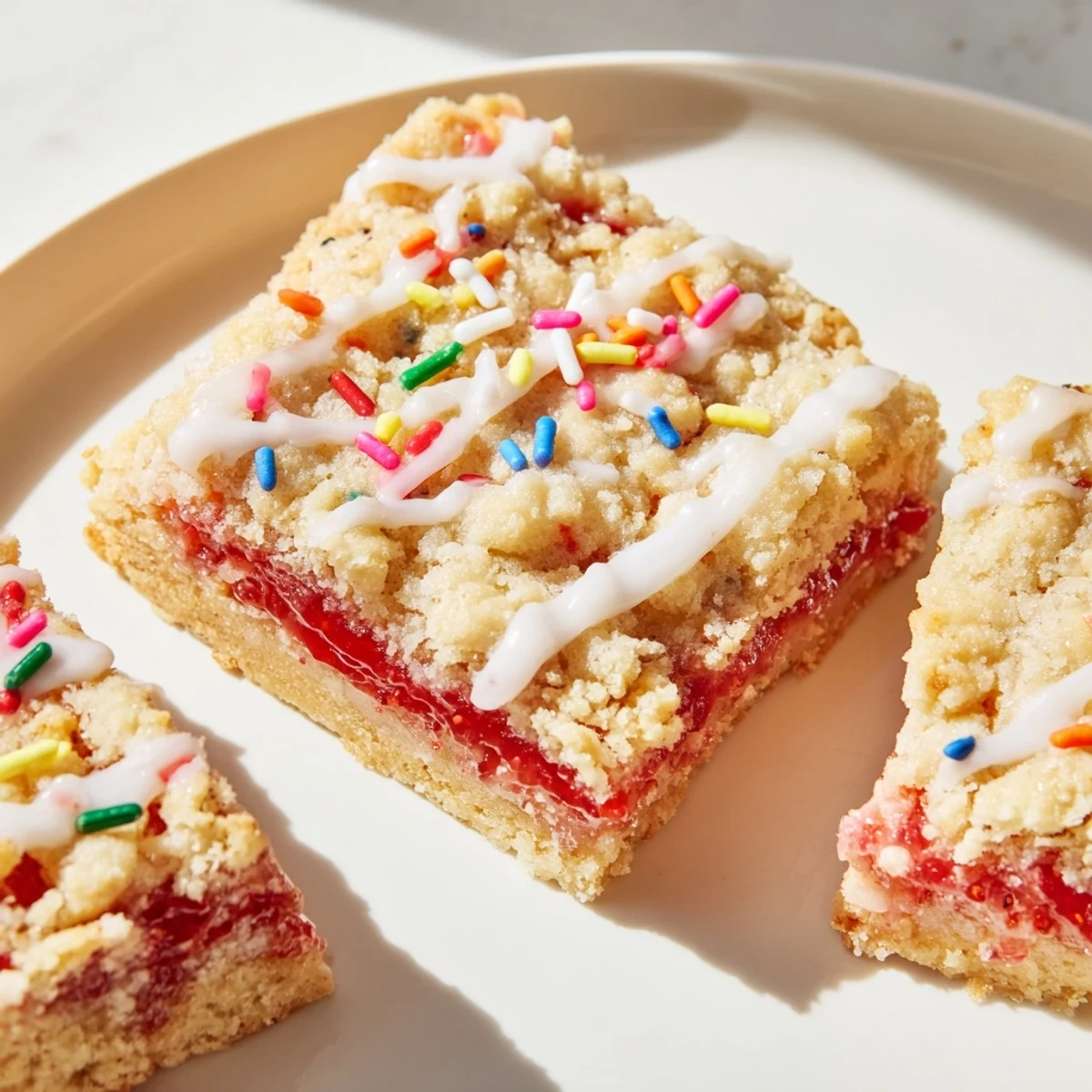Soft sugar cookie bars layered with fruity jam filling and sweet white icing dotted with colorful decorations
