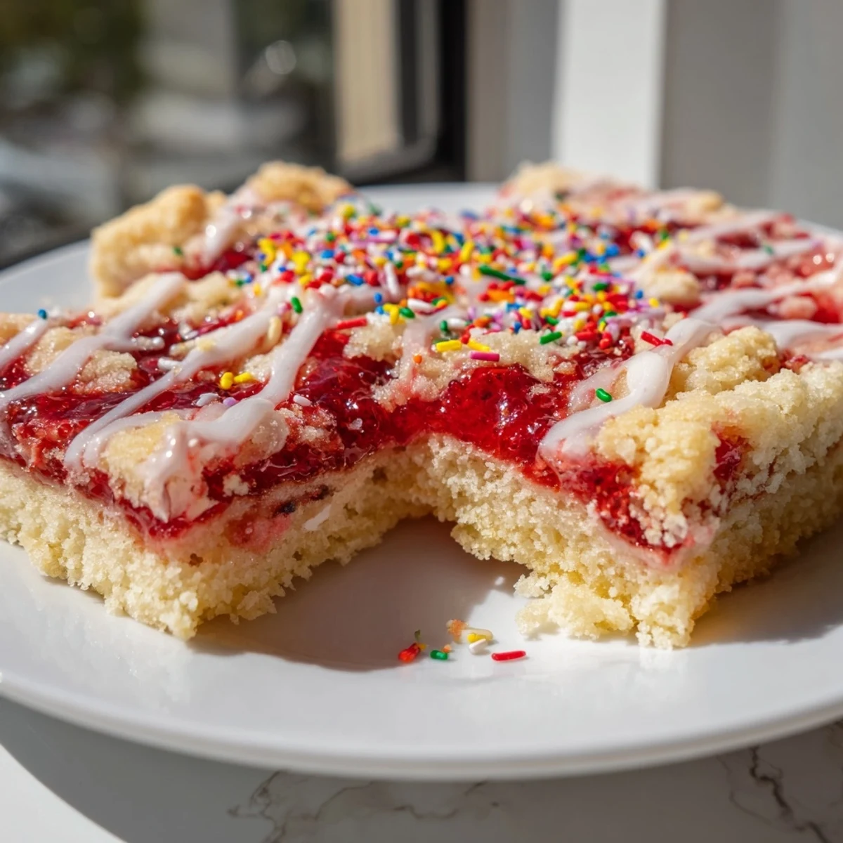 Nostalgic Pop-Tart inspired dessert squares featuring buttery cookie crust, jammy center, and drizzled glaze with festive sprinkles