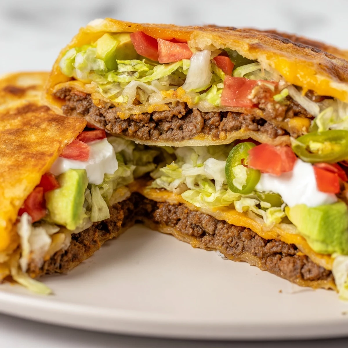Golden crispy keto crunchwrap with seasoned beef, melted cheddar, and fresh colorful vegetable toppings