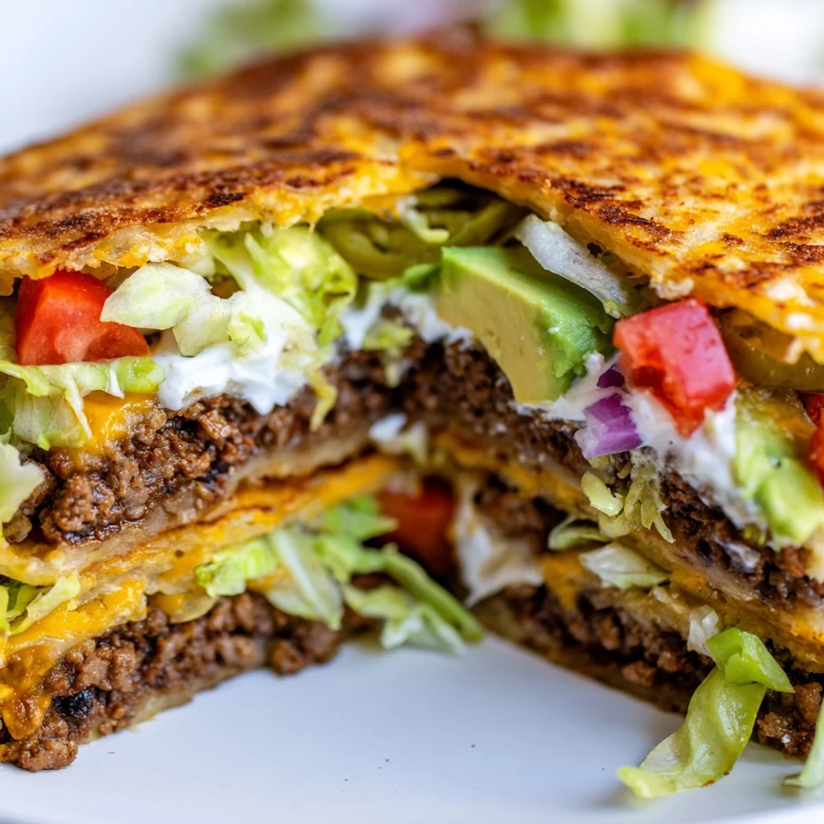 Pan-fried keto crunchwrap supreme featuring almond flour tortilla wrapped around cheesy beef and crisp lettuce