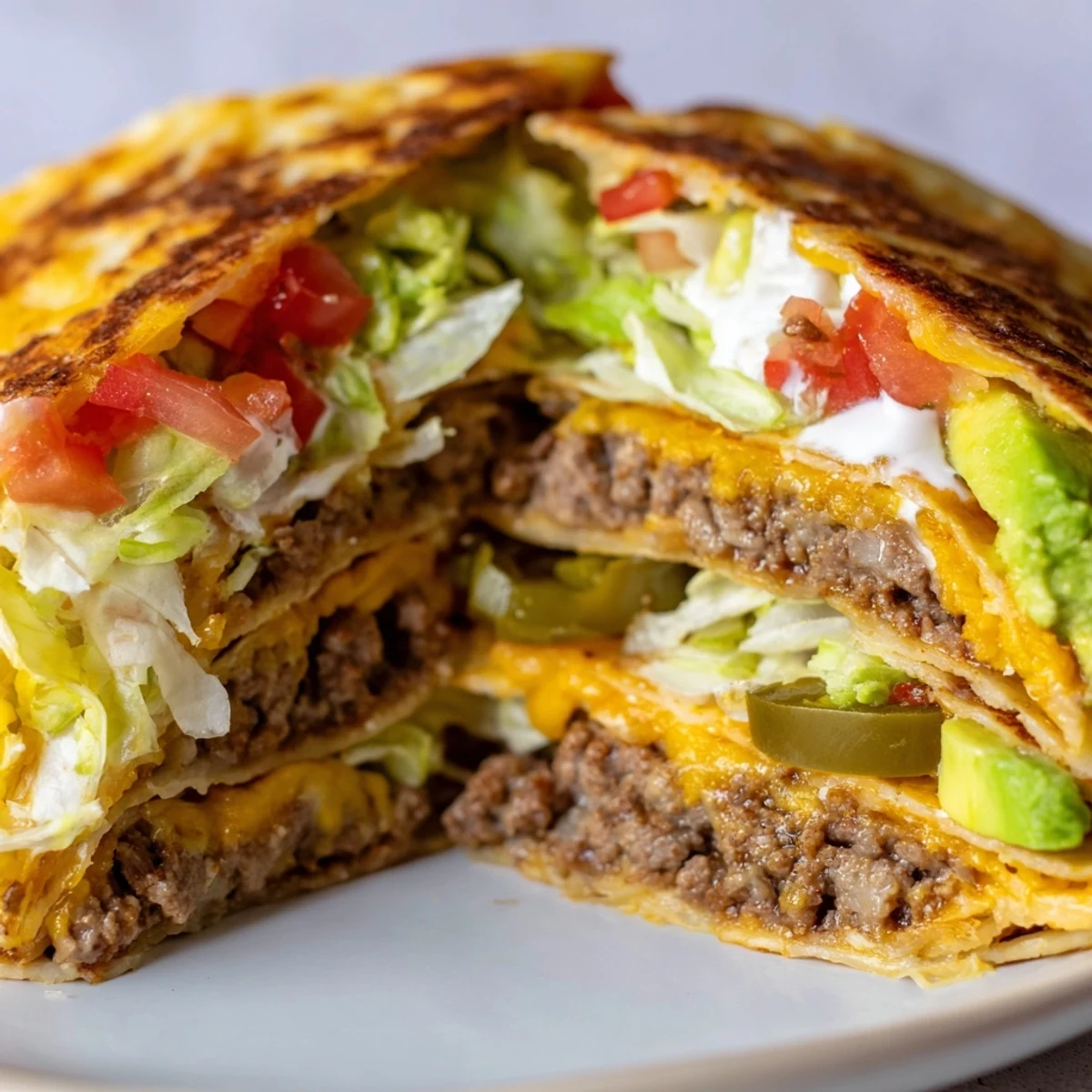 Homemade low-carb crunchwrap filled with taco-spiced ground beef, creamy sour cream, and sliced avocado