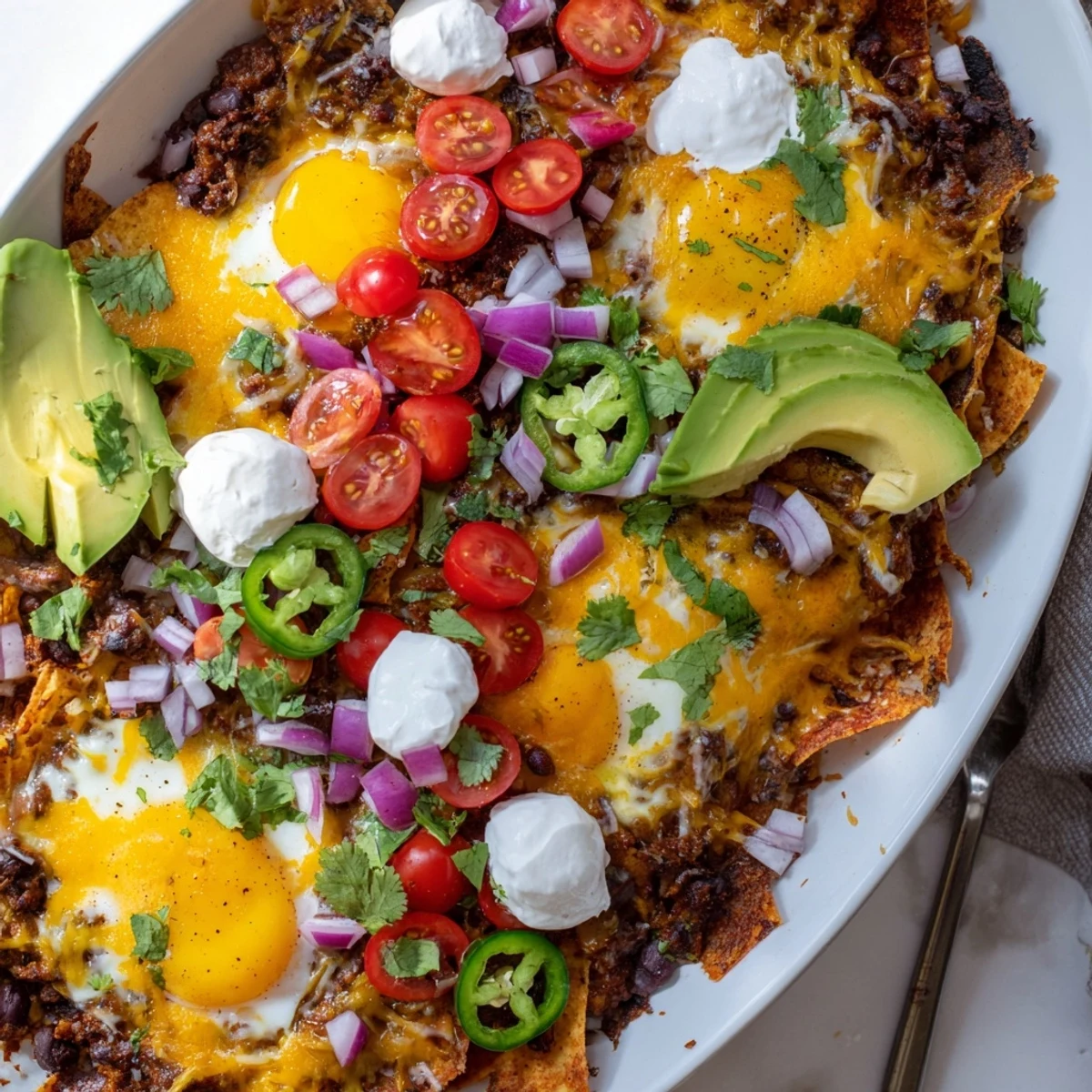 Golden Mexican egg nachos topped with melted cheese, fresh avocado slices, and vibrant red salsa on a rustic skillet