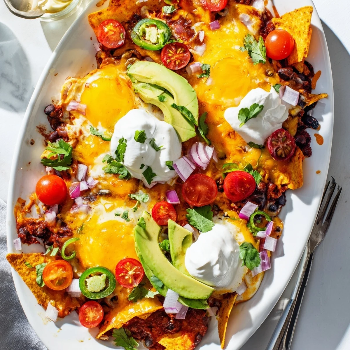 Crispy tortilla chips layered with spiced black beans, baked eggs, and creamy toppings for this hearty Mexican egg nachos platter