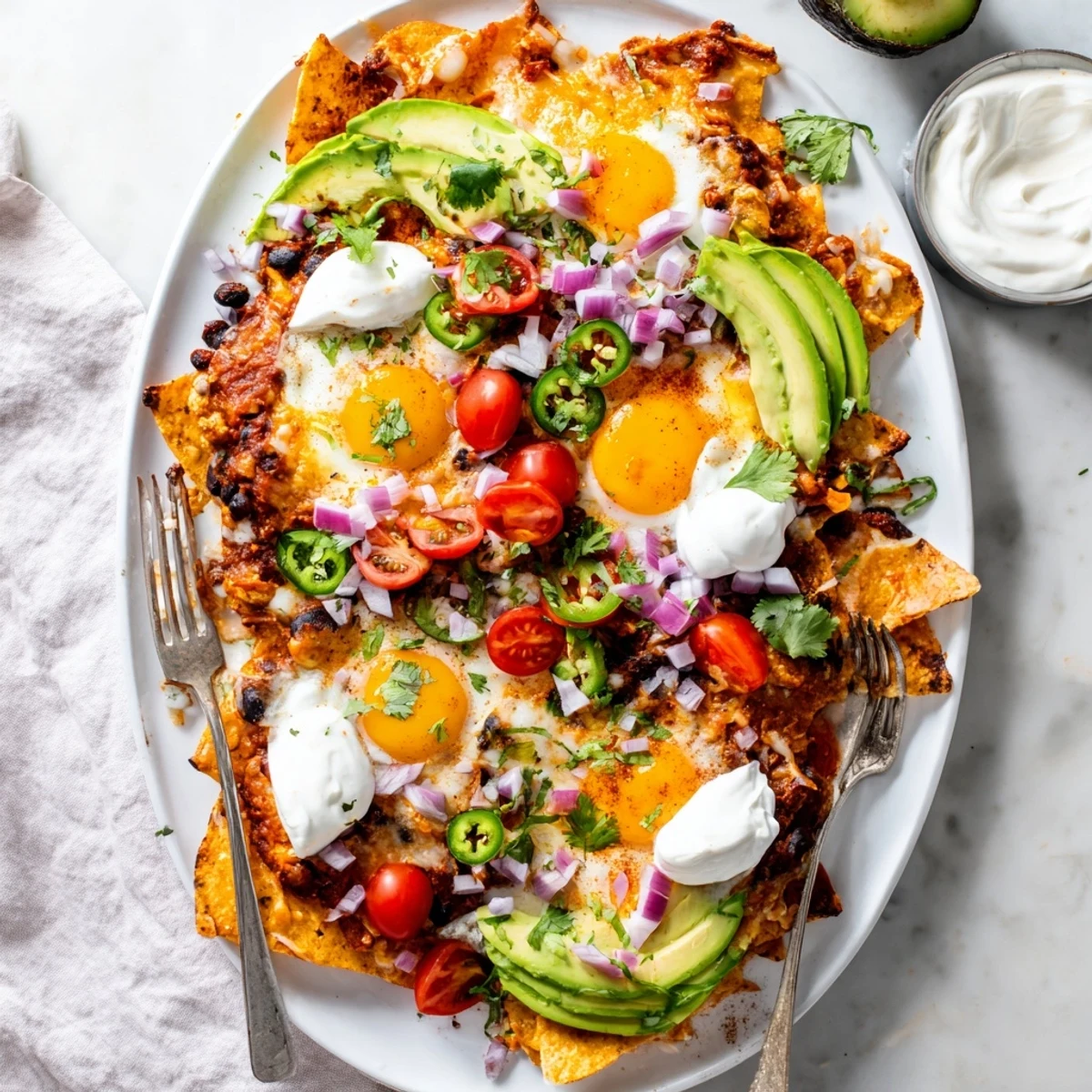 Sizzling skillet of Mexican egg nachos featuring runny yolks, shredded cheese, and colorful fresh garnishes for a satisfying brunch