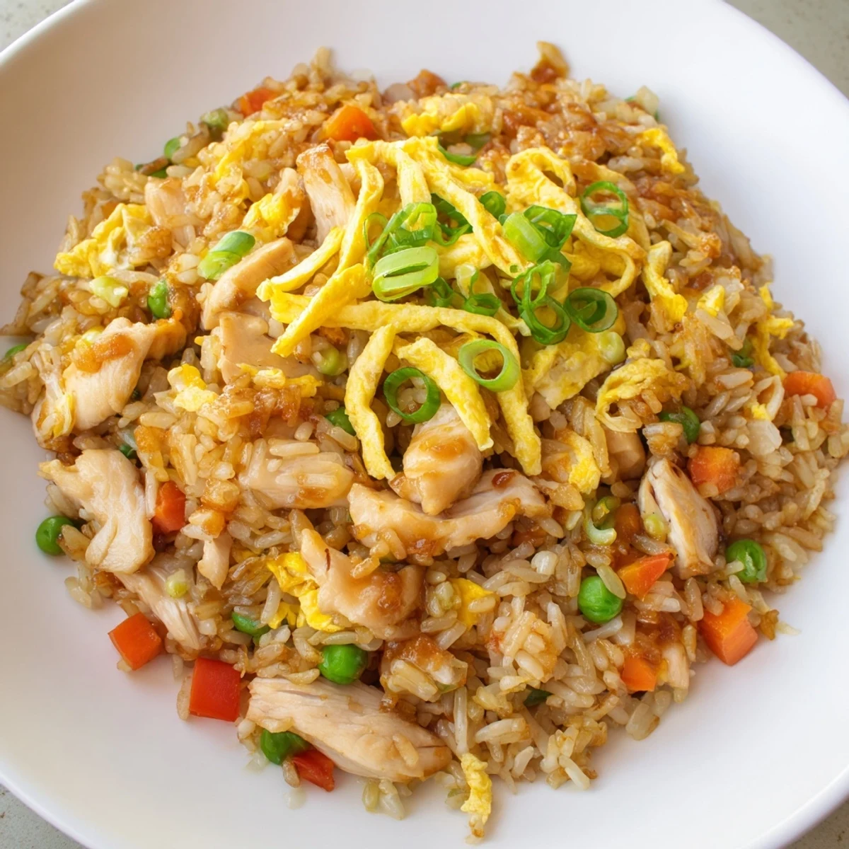Golden chicken fried rice topped with delicate strips of egg omelette and colorful vegetables