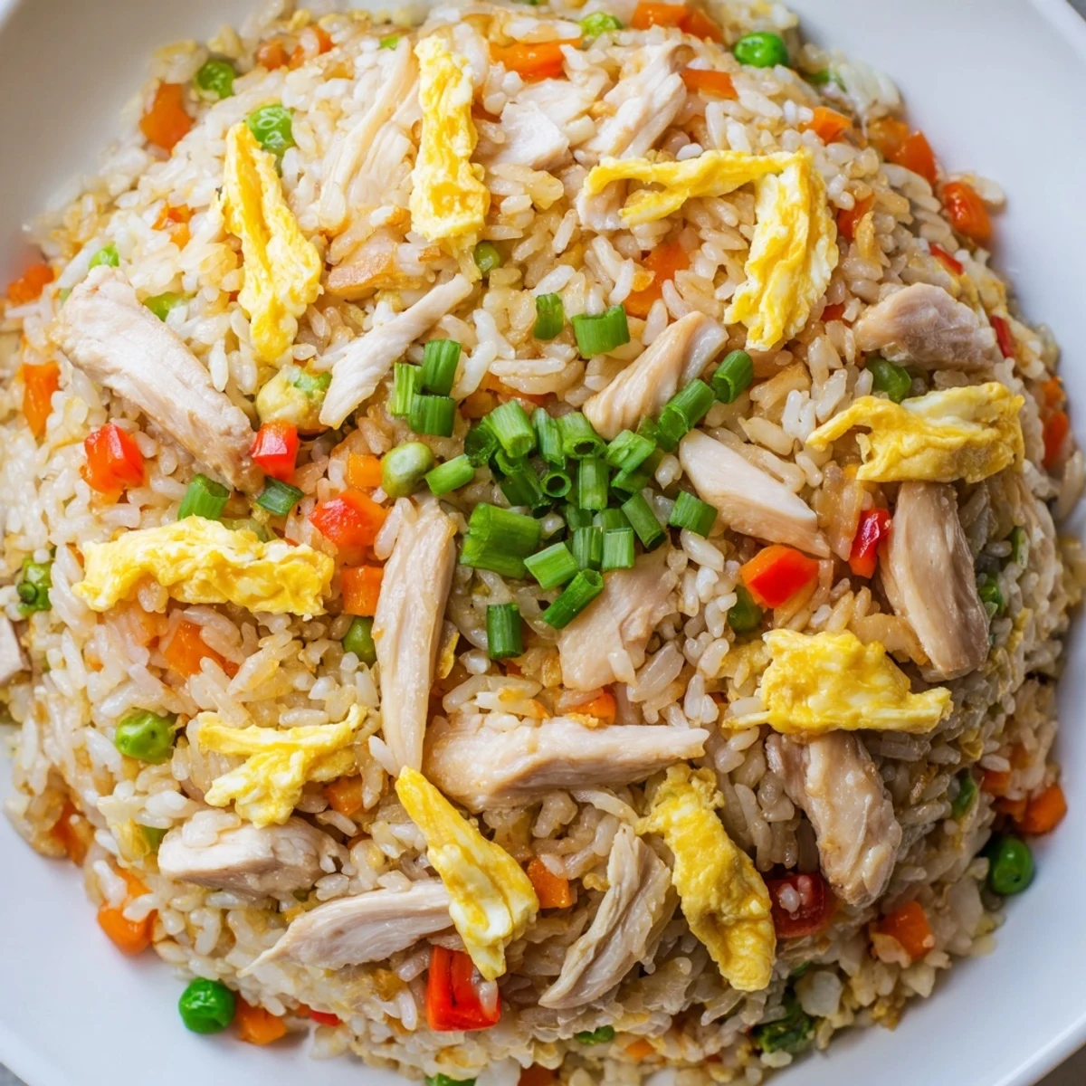 Asian-style chicken fried rice featuring tender meat, crisp veggies, and golden egg omelette strips