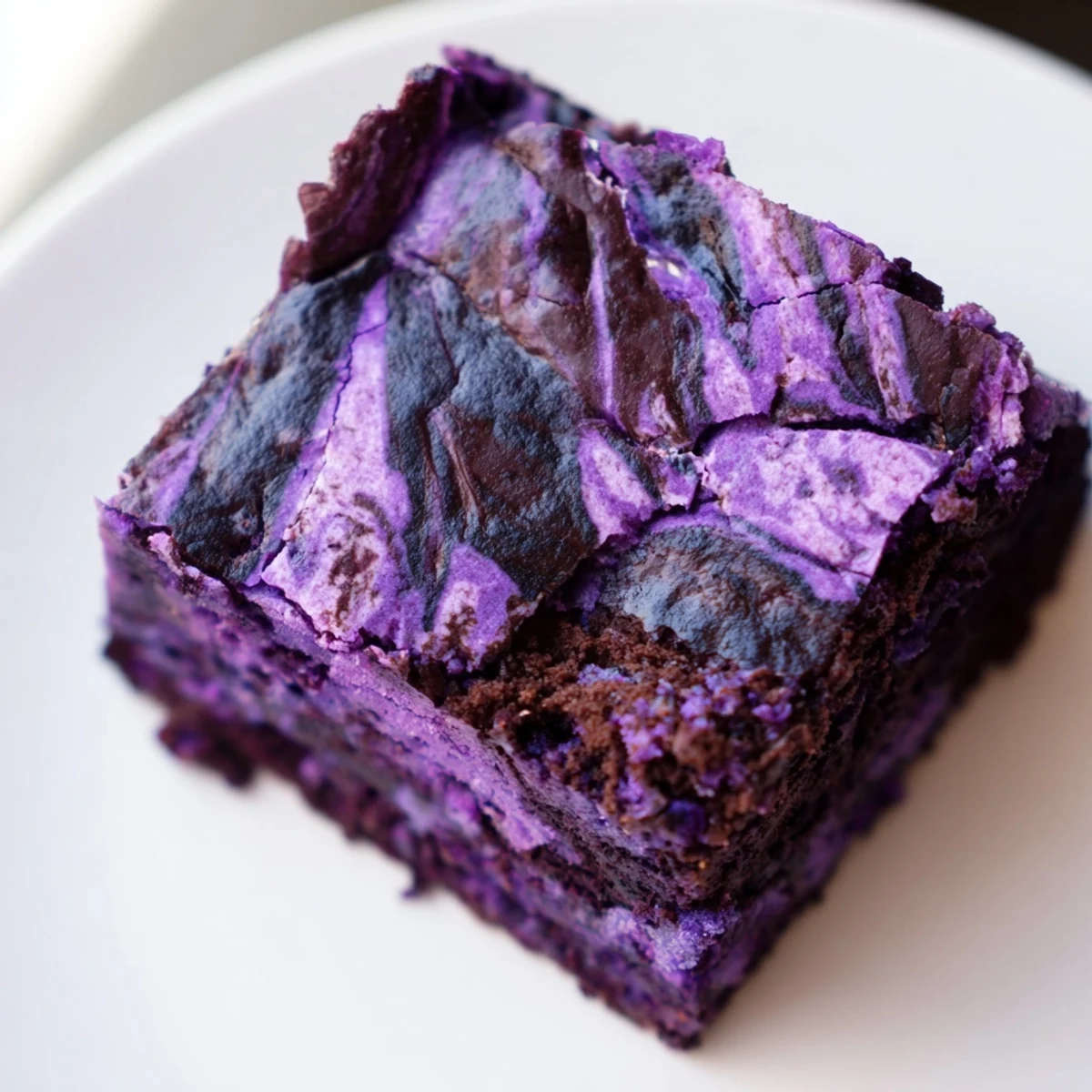 Fudgy purple ube brownies swirled with melted chocolate on a white plate