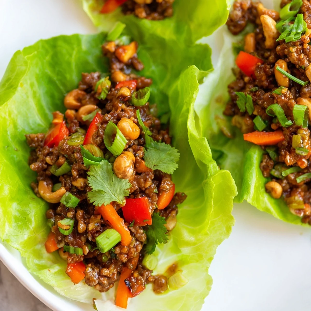 Crisp butter lettuce cups filled with savory beef and cashew stir-fry topped with fresh cilantro