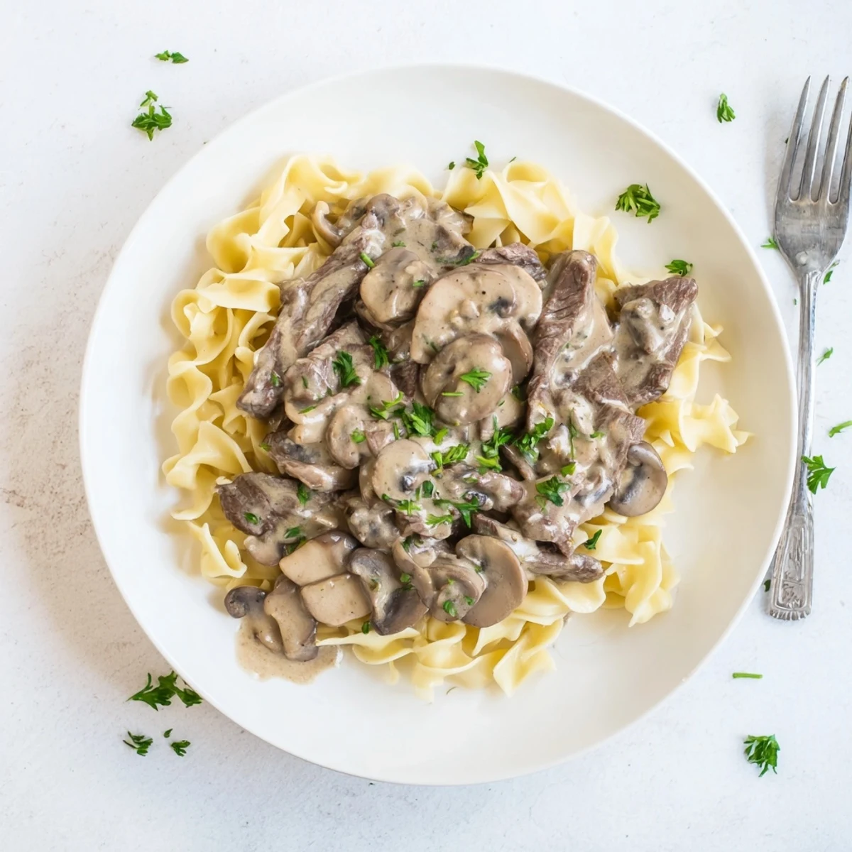 Tender beef strips and earthy mushrooms swimming in rich sour cream sauce over noodles