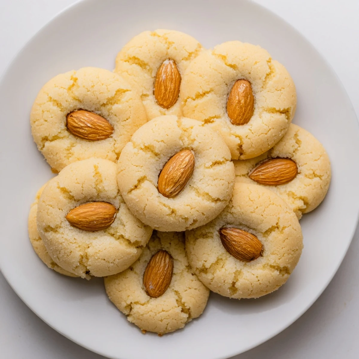 Golden Chinese almond cookies topped with whole almonds arranged on a white plate