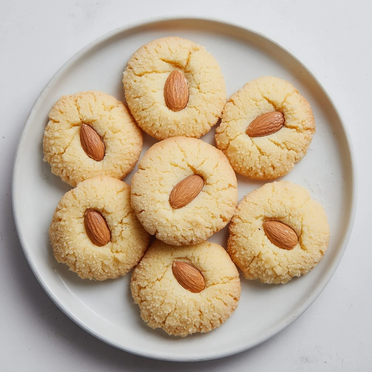 Close-up of Chinese almond cookies with egg-washed tops and toasted nut garnish