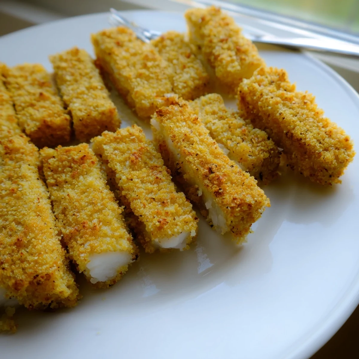 Golden corn chip fish fingers arranged on a white serving plate with lemon wedges
