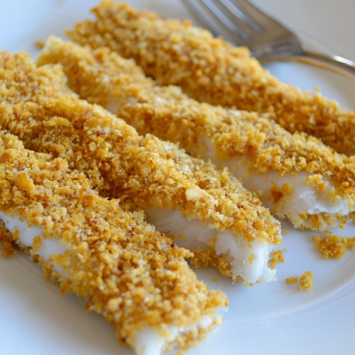 Homemade corn chip fish fingers with golden tortilla chip crust ready for dipping