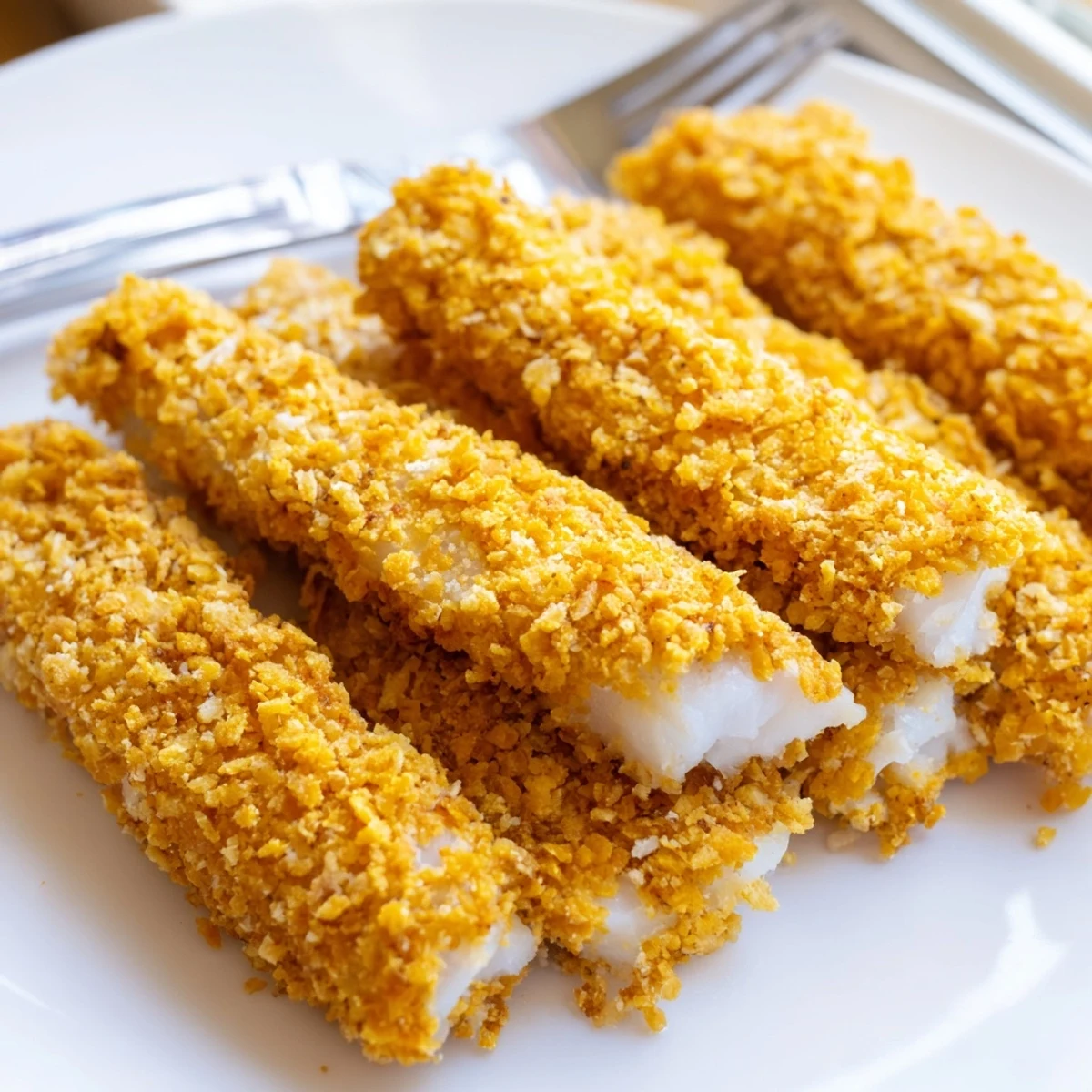 Crunchy baked fish fingers coated in crushed corn chips, perfect crispy family dinner