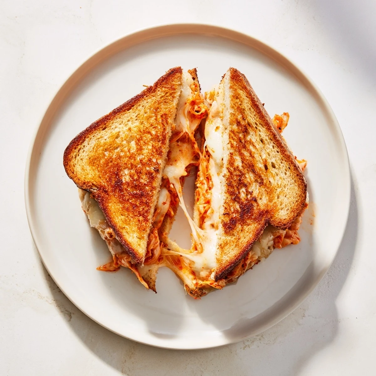 Golden kimchi grilled cheese sandwich with melted cheddar and mozzarella oozing from buttery sourdough bread