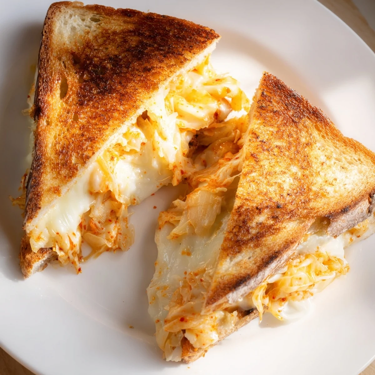 Crispy pan-fried kimchi grilled cheese cut into triangles showcasing tangy fermented cabbage and gooey cheese layers