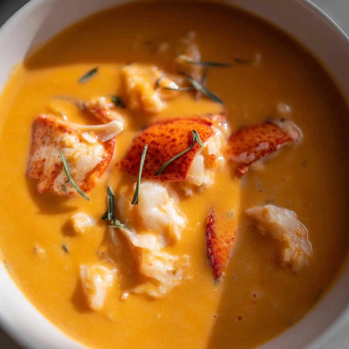 Creamy Gordon Ramsay lobster bisque in white bowl with fresh tarragon garnish