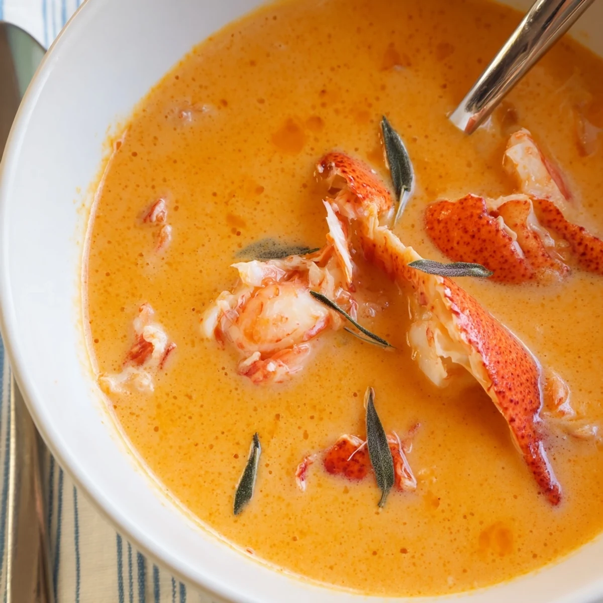 Velvety Gordon Ramsay lobster bisque served with chunks of tender lobster meat