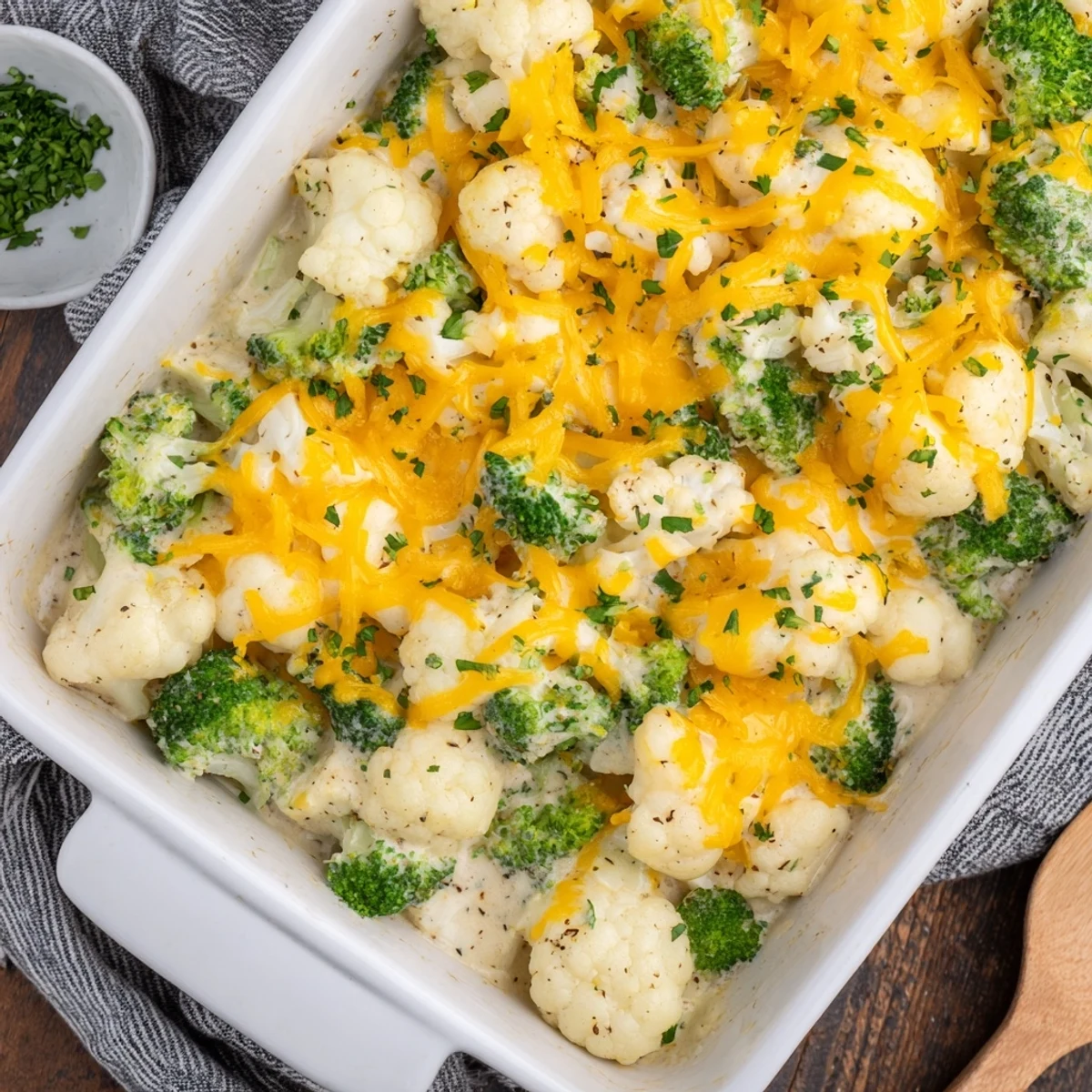 Golden keto broccoli cauliflower bake with melted cheddar bubbling over tender low-carb vegetables in a ceramic baking dish