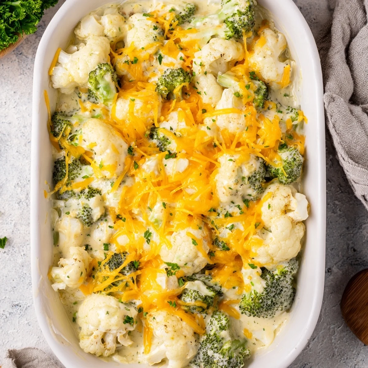 Creamy cheesy keto broccoli cauliflower bake casserole topped with golden cheese and fresh parsley garnish