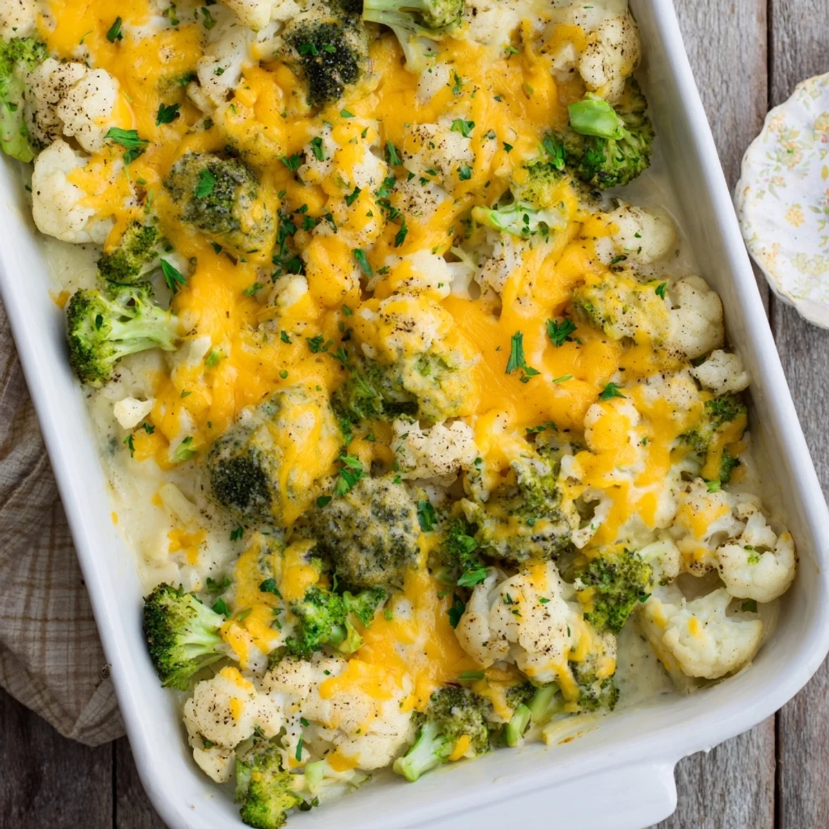 Bubbling hot keto broccoli cauliflower bake with fork-tender florets coated in rich cream sauce and melted cheese