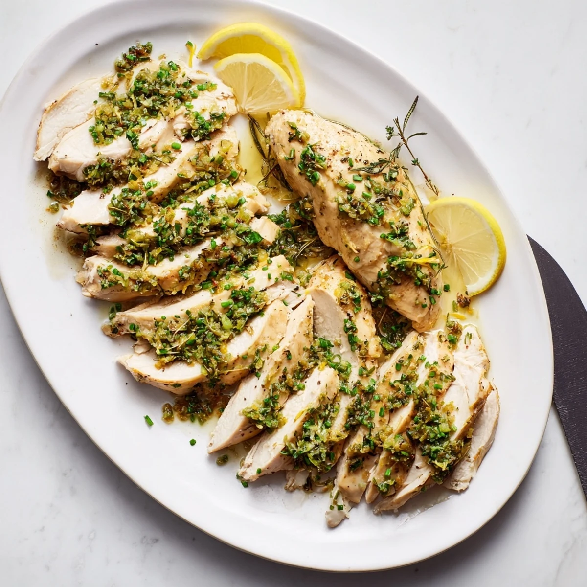 Tender juicy chicken breasts coated in fragrant garlic herb marinade fresh from the oven at 400 degrees