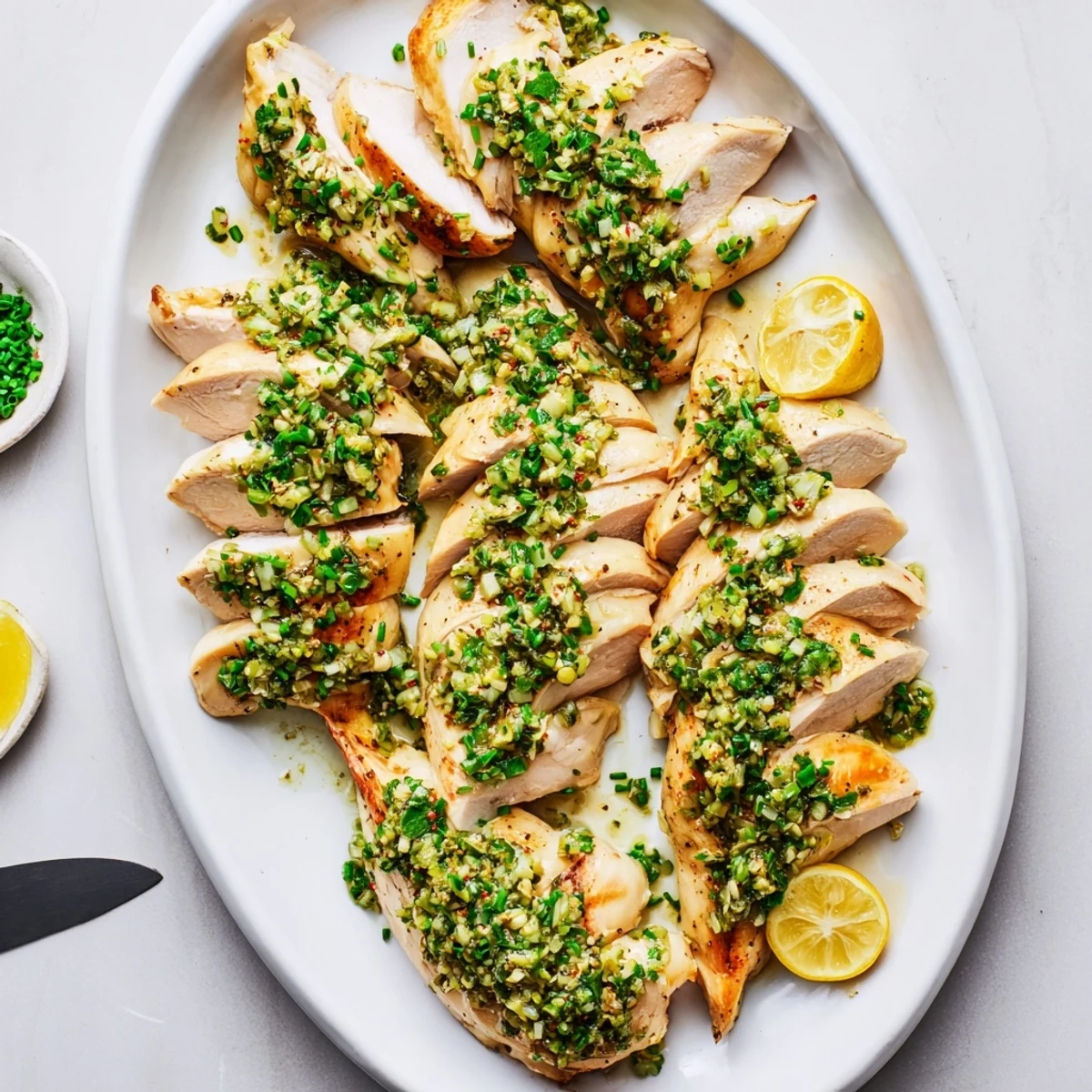 Sliced spring garlic herb chicken resting on a wooden board surrounded by bright lemon wedges and green herbs