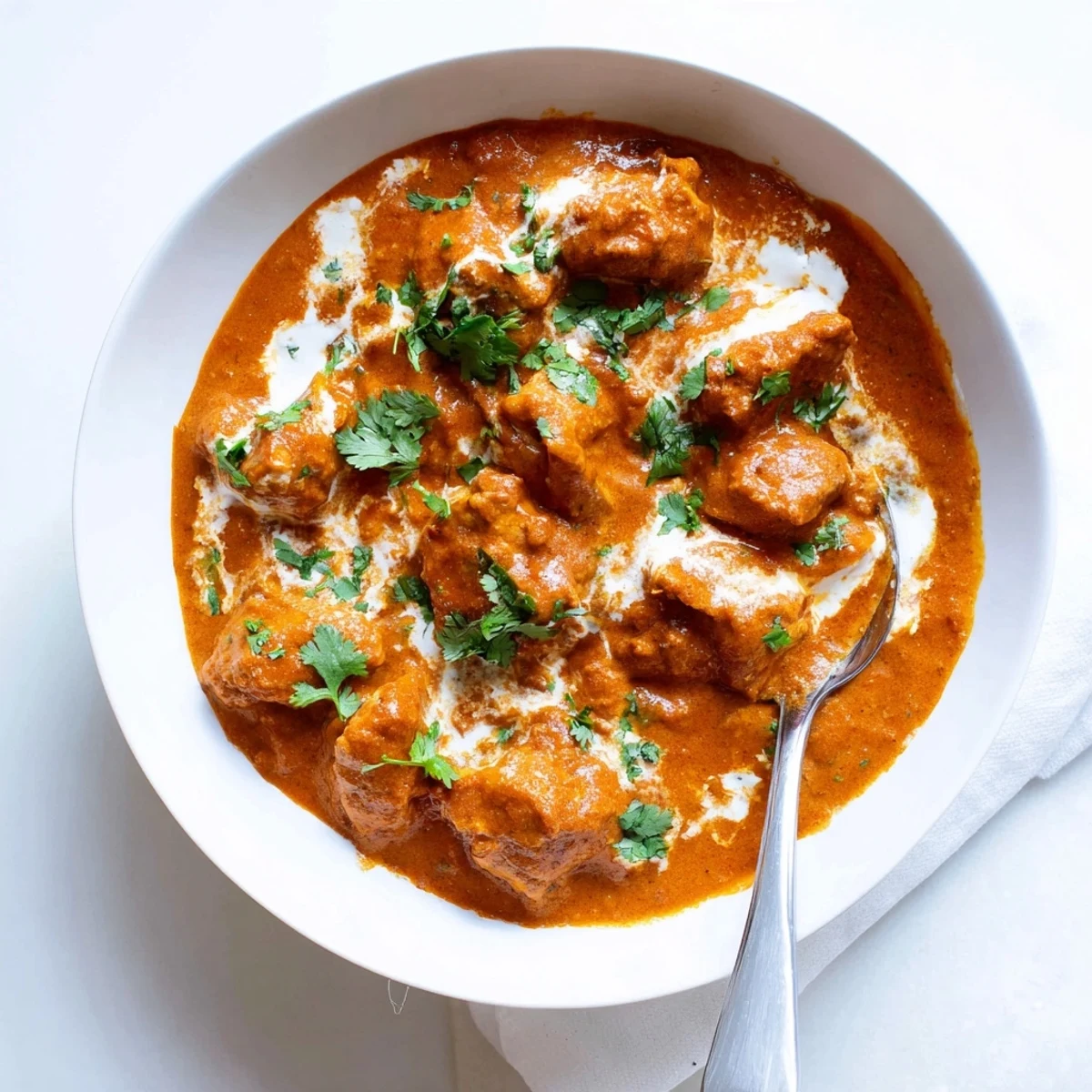 Creamy butter chicken featuring tender chicken pieces swimming in rich tomato sauce garnished with fresh cilantro