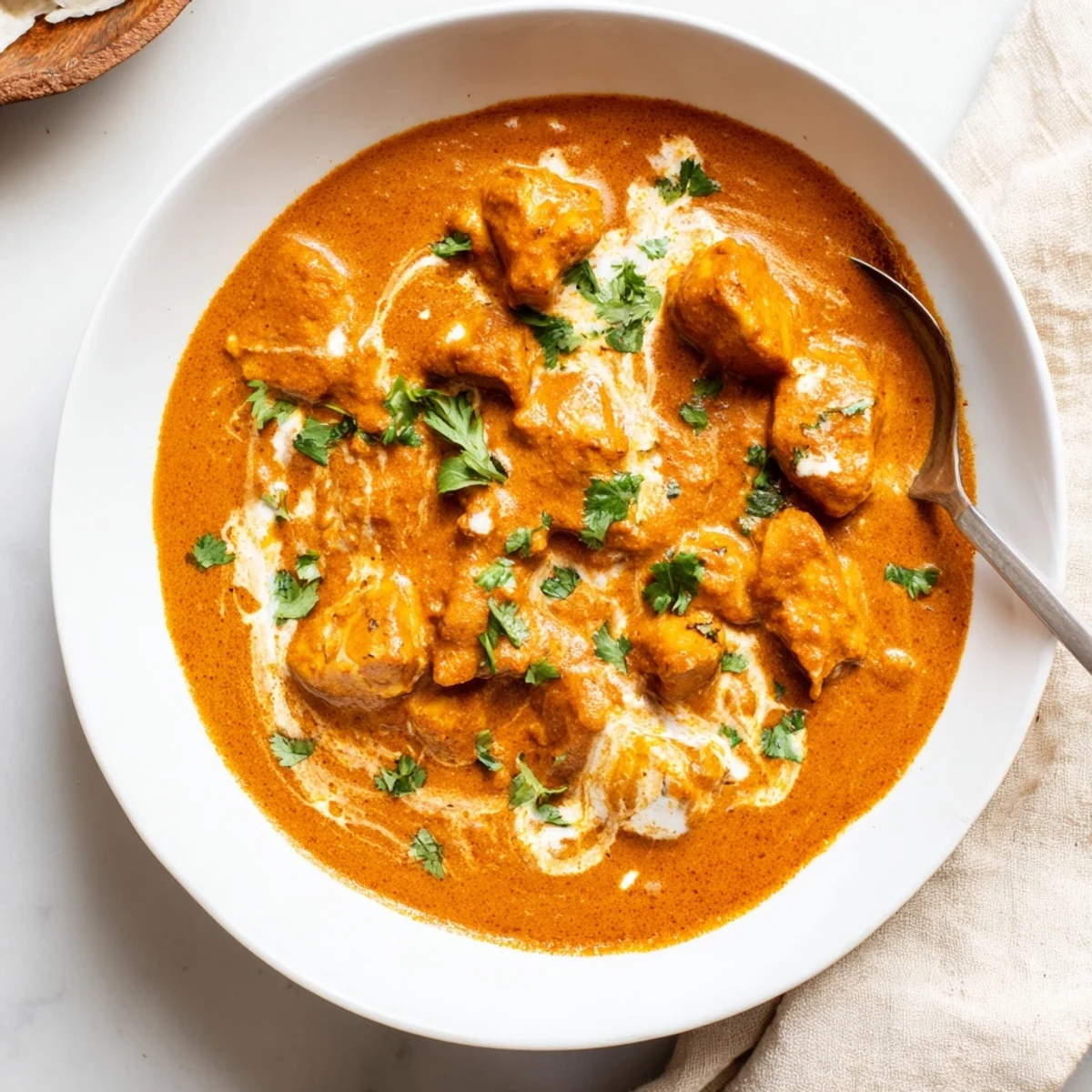 Golden butter chicken curry served in a white bowl alongside fluffy basmati rice and warm naan bread