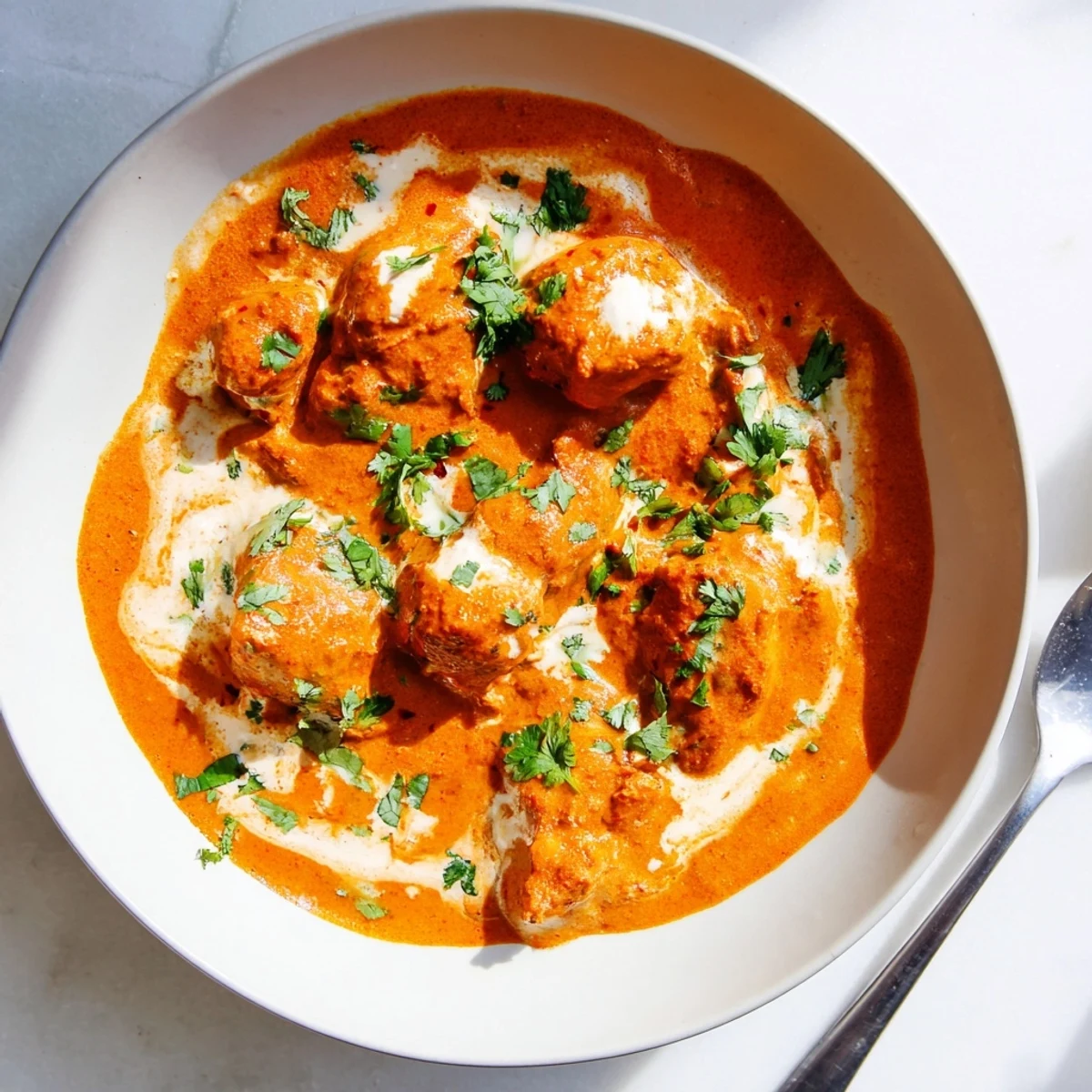 Velvety homemade butter chicken with succulent spiced chicken resting in orange-hued cream sauce