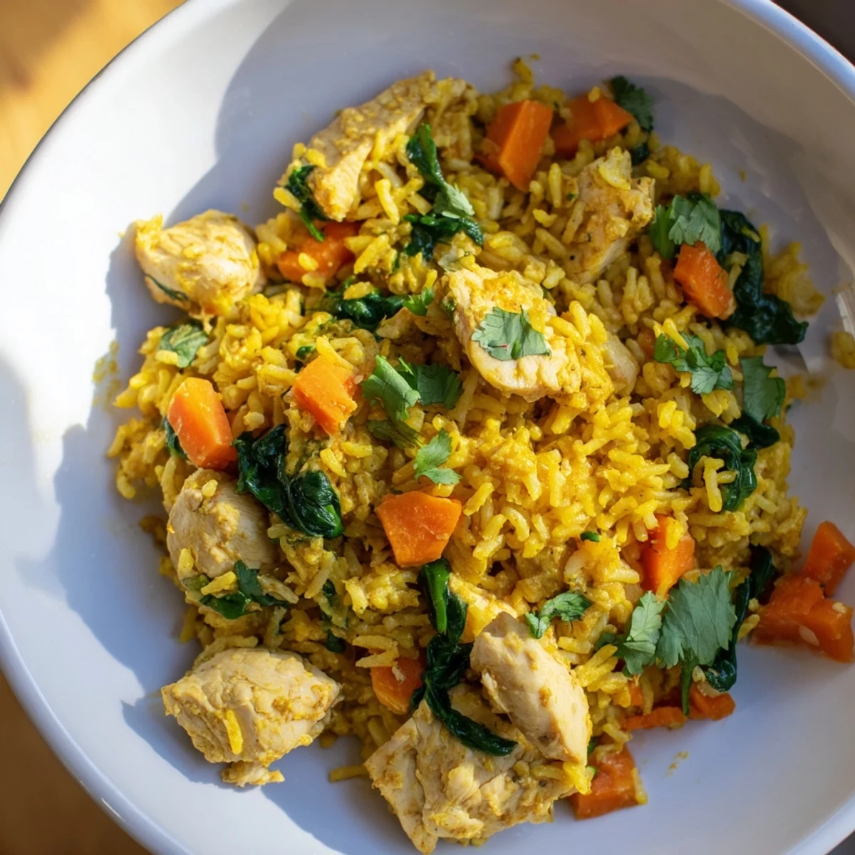 Golden turmeric rice bowl with tender chicken pieces and fresh cilantro garnish