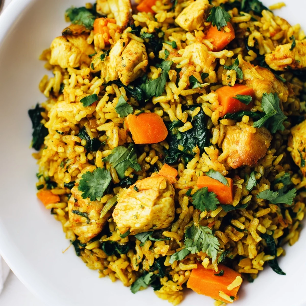 Anti-inflammatory turmeric chicken rice steaming in a white bowl with lemon wedges