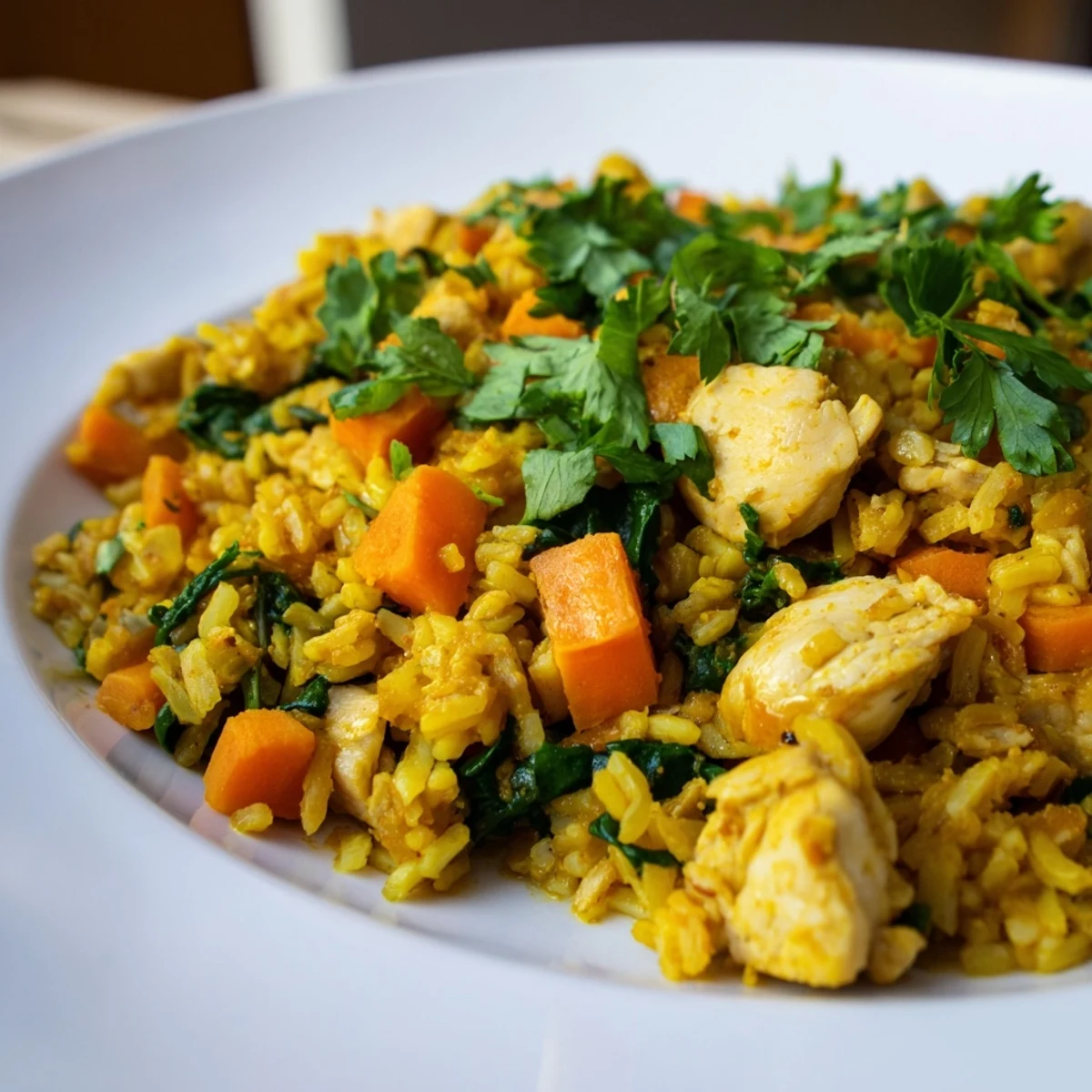 Fluffy yellow rice mixed with spiced chicken and vibrant green spinach leaves