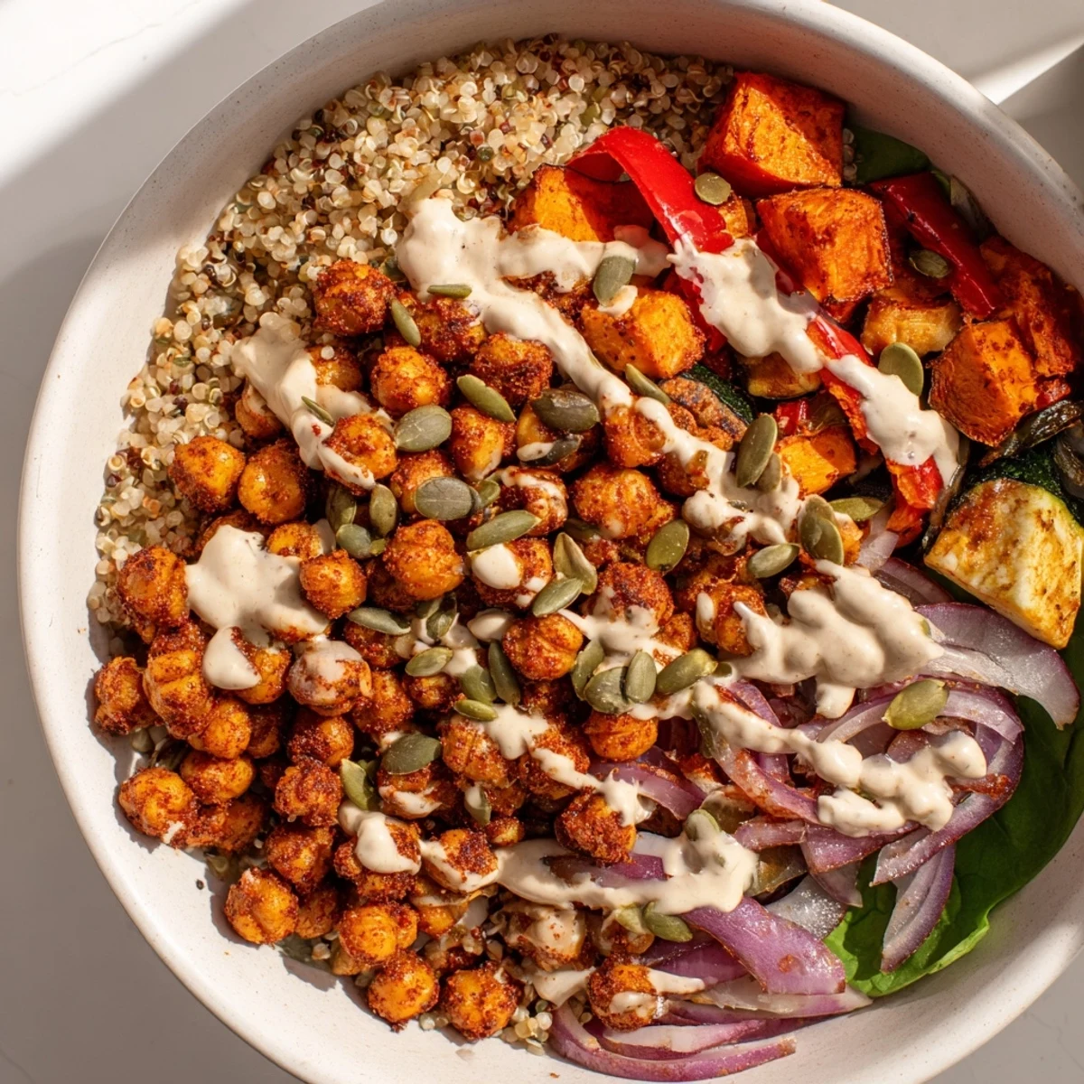 Colorful roasted chickpea and veggie bowl drizzled with creamy tahini dressing over fluffy quinoa