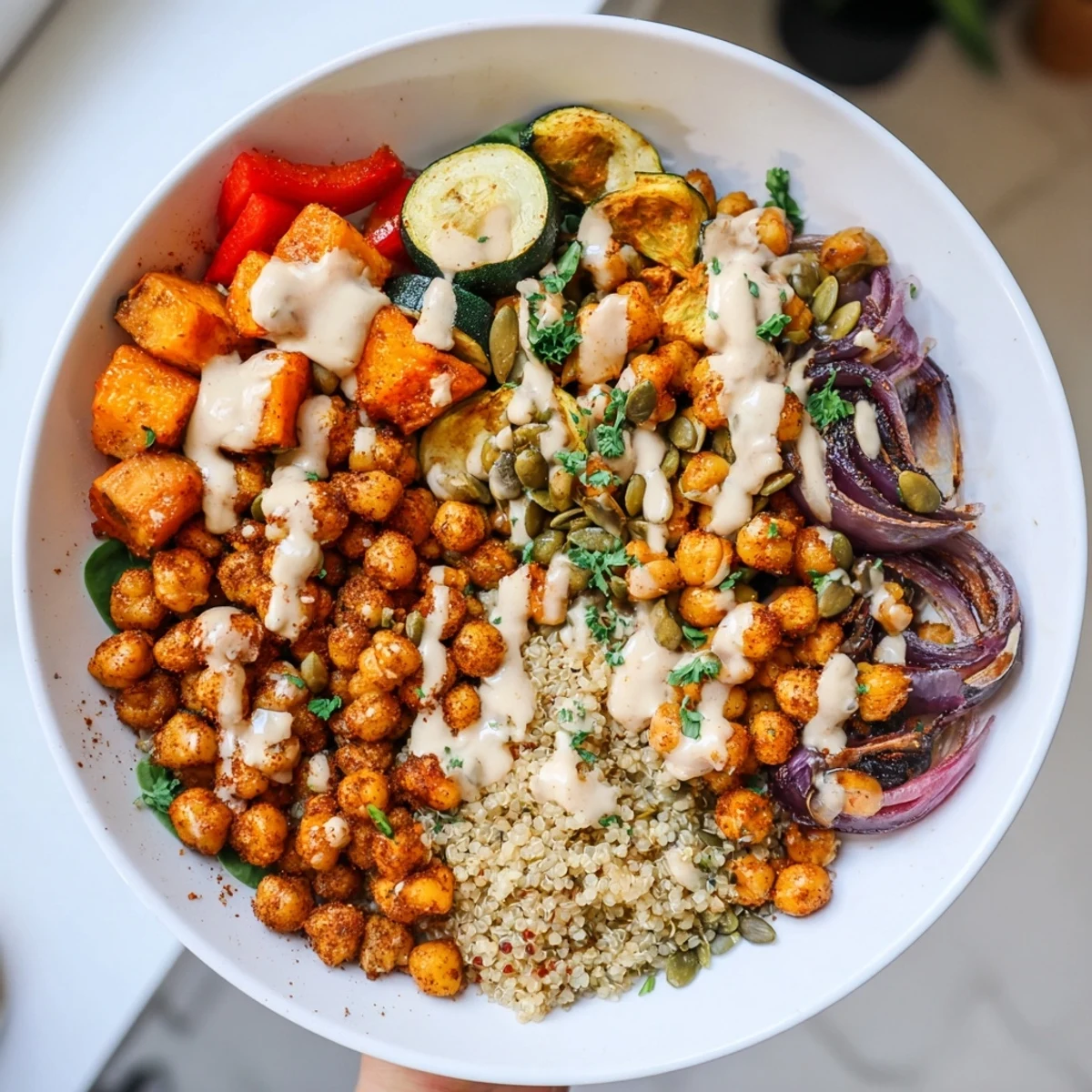 Mediterranean-inspired bowl featuring crispy spiced chickpeas roasted sweet potatoes and fresh vegetables with tahini