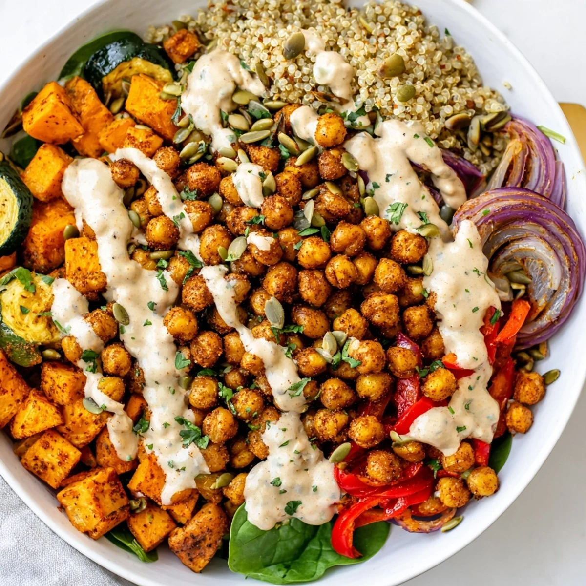 Vibrant plant-based meal with crisp roasted chickpeas tender vegetables quinoa base and nutty tahini sauce