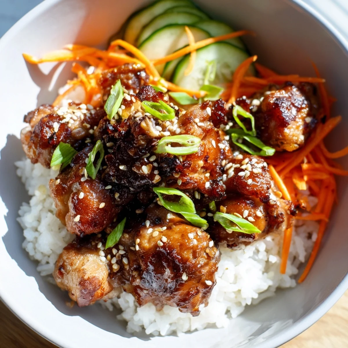 Tender chicken pieces coated in sweet and savory sticky sauce served with fresh vegetables