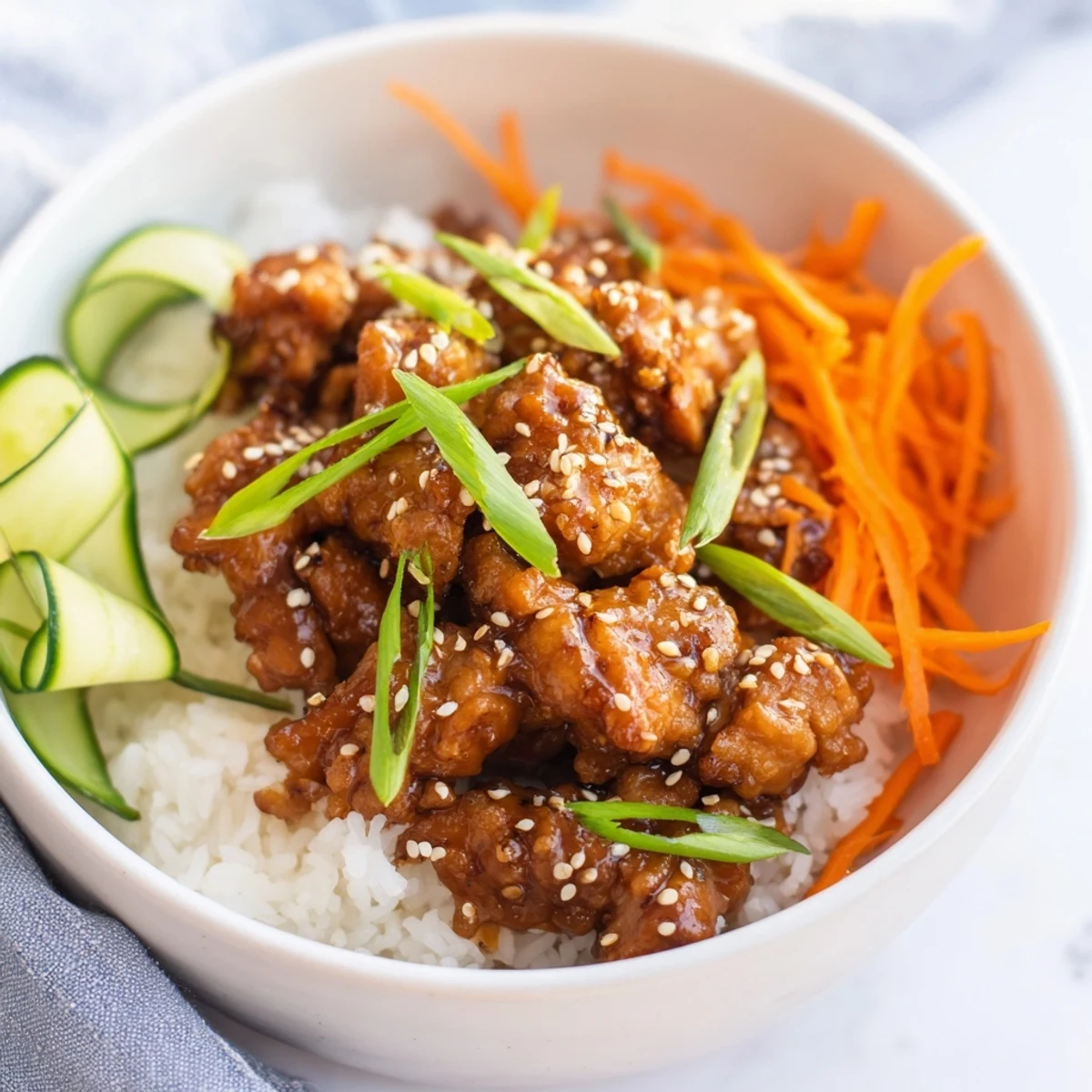 Golden brown sticky chicken bowls glazed with honey soy sauce over fluffy white rice