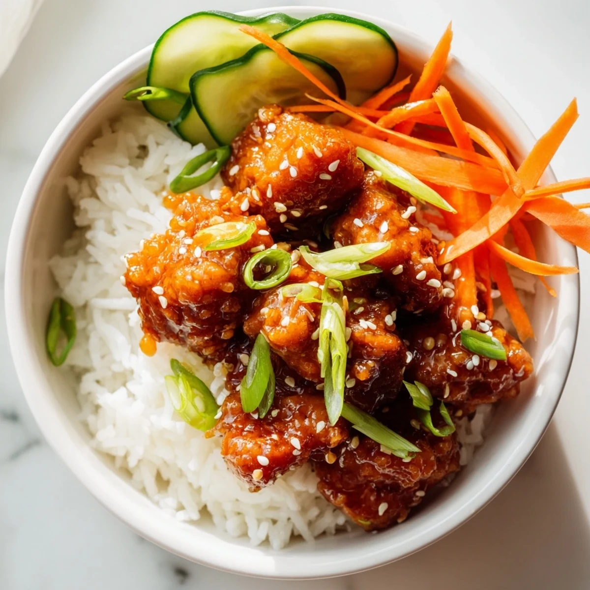 Asian-inspired sticky chicken bowl with caramelized glaze, shredded carrots, cucumber slices, and sesame seeds