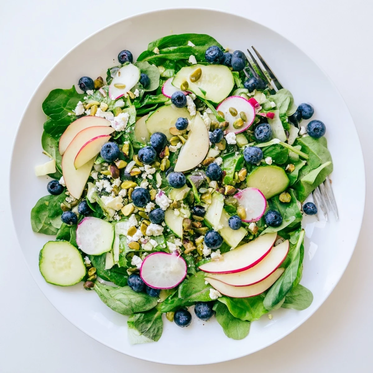 Vibrant blueberry pistachio spring salad with crisp greens and crunchy nuts on wooden table