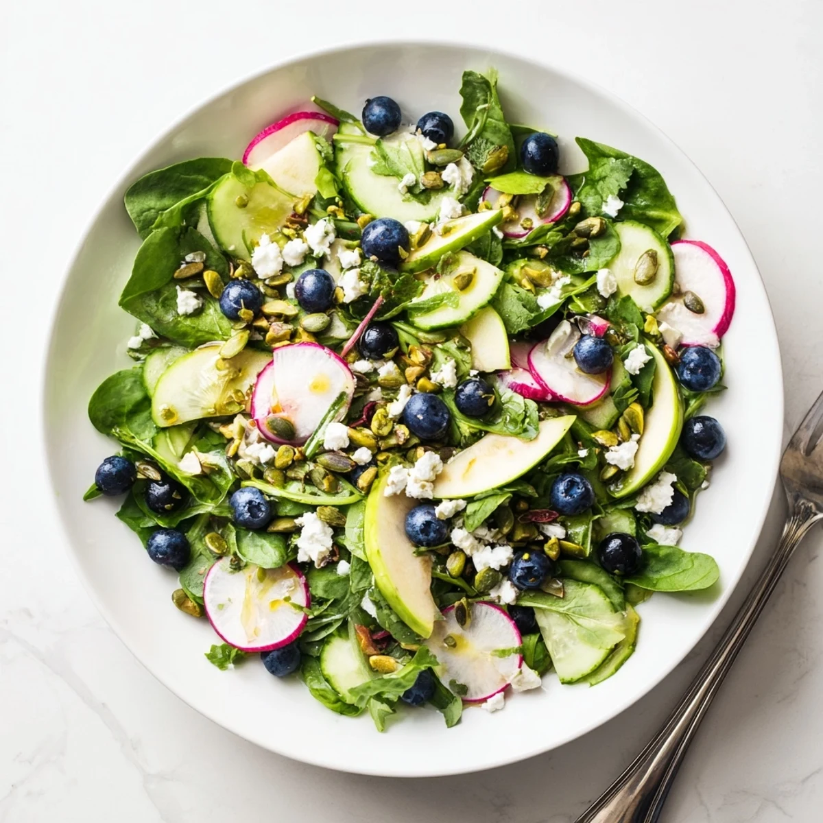 Fresh blueberry pistachio spring salad topped with crumbled feta in a white bowl