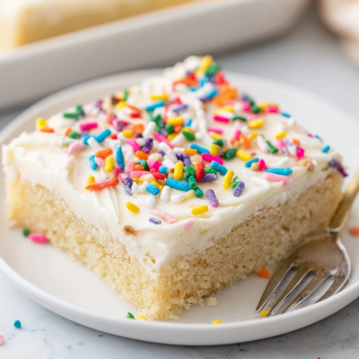 Soft golden sugar cookie bars spread with thick creamy vanilla frosting and colorful sprinkles on a white serving plate.
