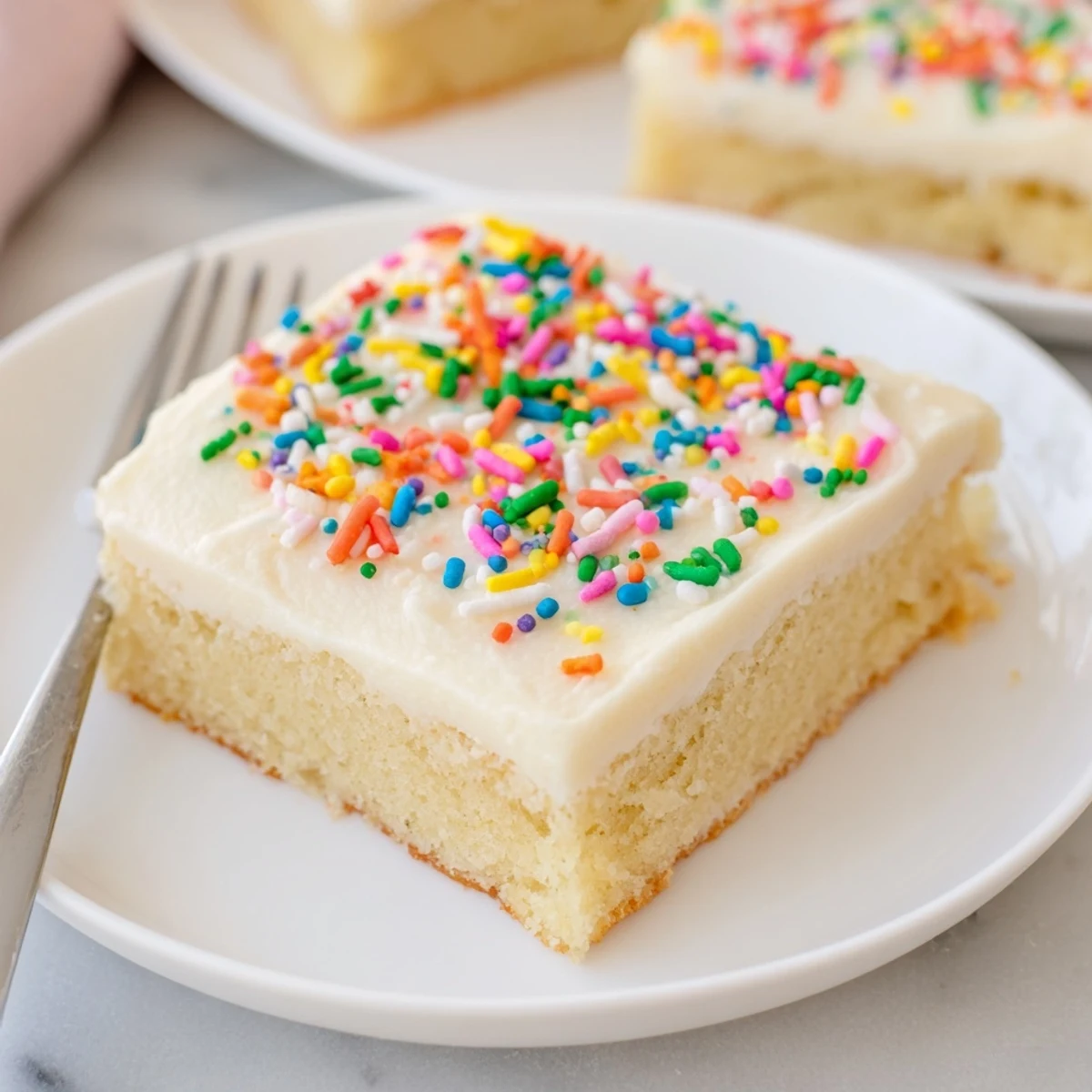 Buttery homemade sugar cookie bars topped with smooth white frosting and festive sprinkles, cut into neat squares for easy serving.