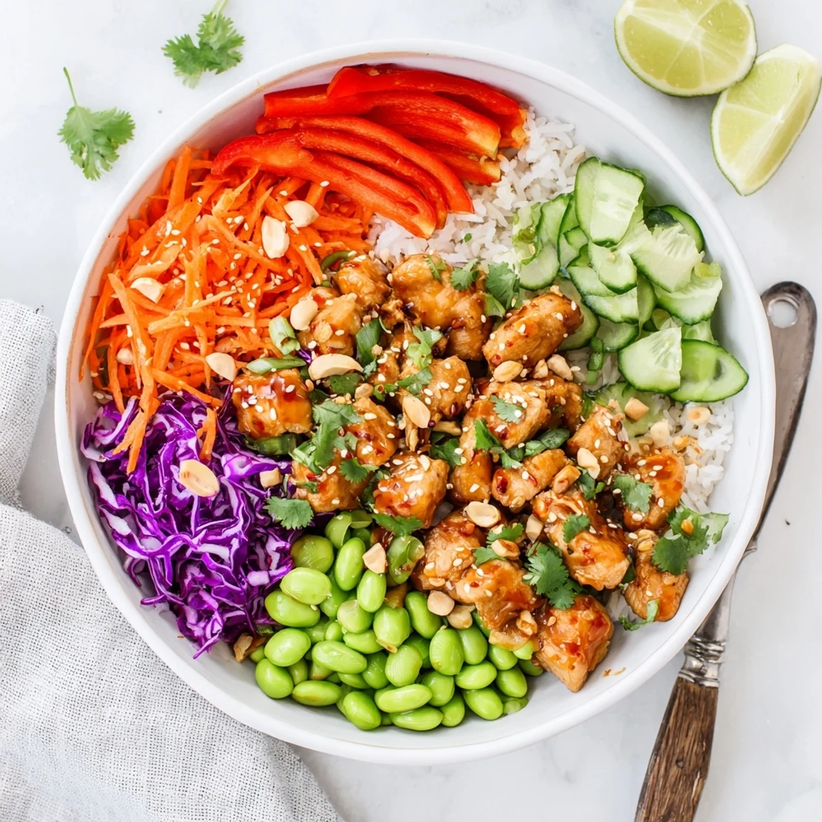 Thai sweet chili chicken Buddha bowls with tender glazed meat, crisp veggies, peanuts, and zesty lime garnish