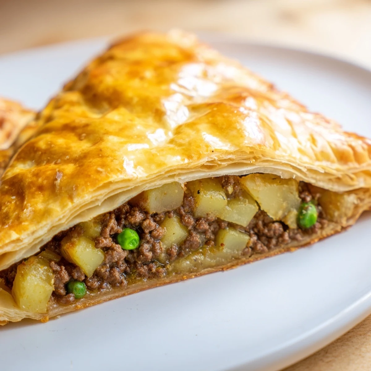 Freshly baked curry puffs with beef cut open to reveal aromatic curried potato mixture
