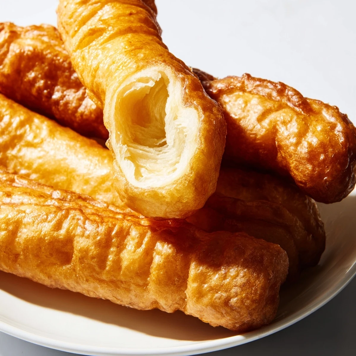 Pair of fluffy Youtiao breakfast doughnuts being stretched before frying in hot vegetable oil