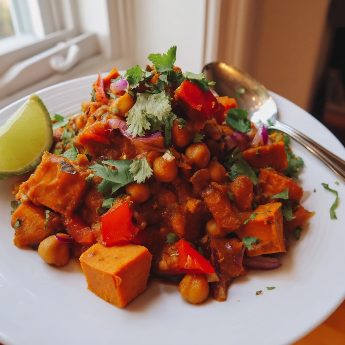 Rich chickpea and sweet potato curry simmers in coconut sauce with tender vegetables