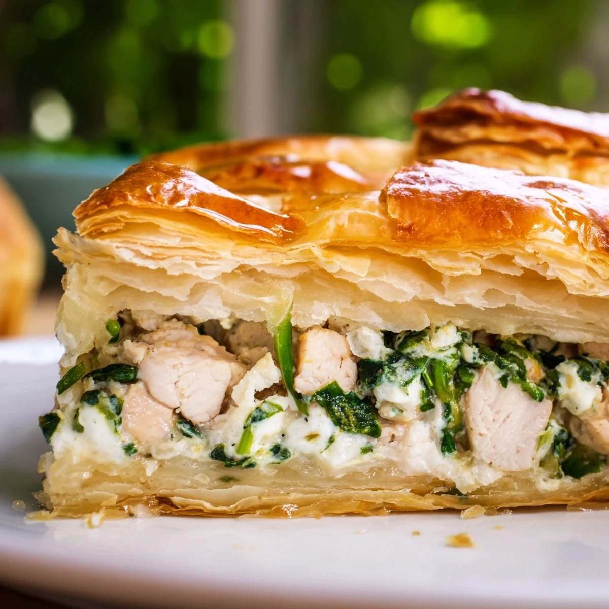Golden brown rustic chicken ricotta and herb pie with flaky puff pastry crust