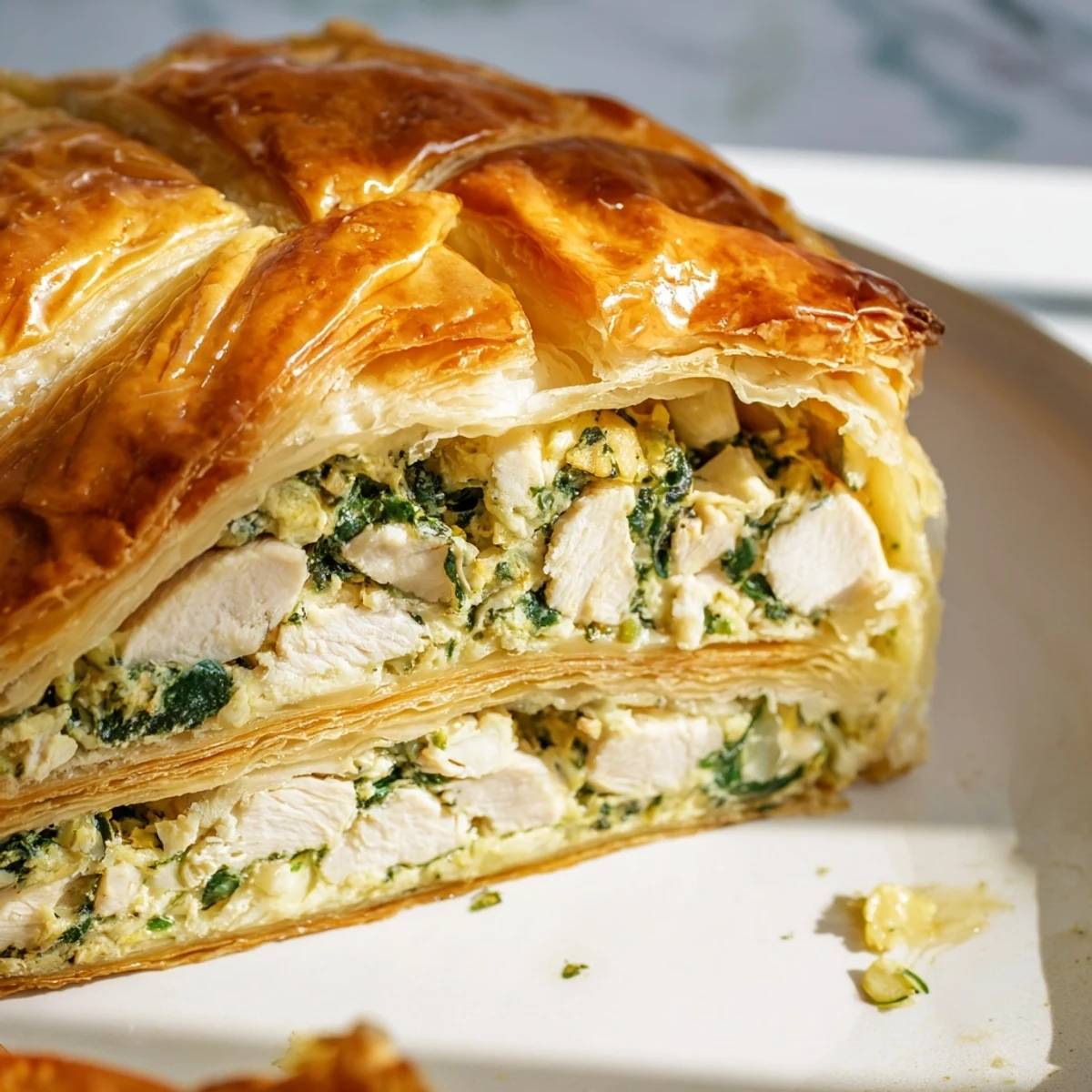 Savory chicken ricotta and herb pie sliced to show creamy herb-filled center