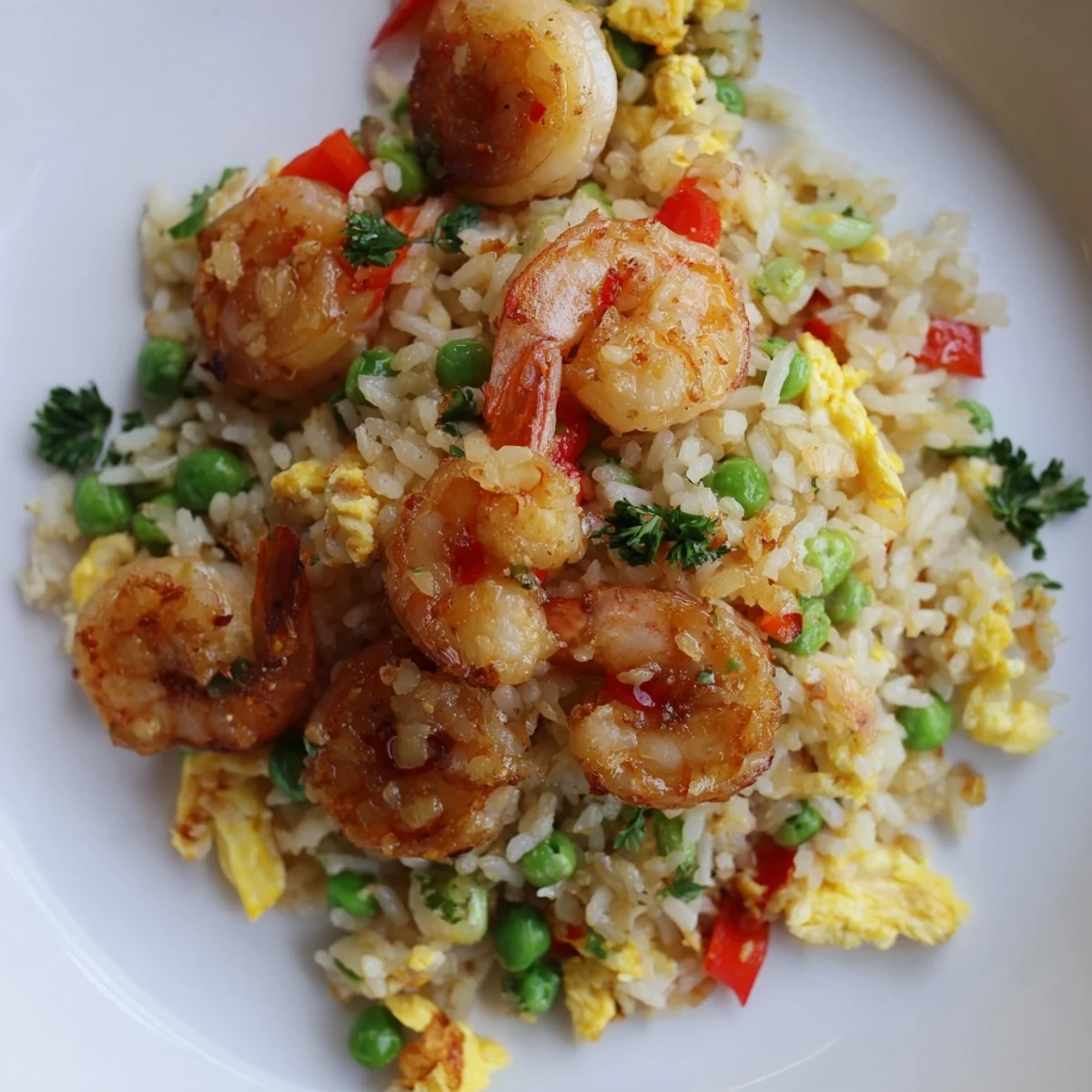 Juicy buttery garlic prawns atop fragrant jasmine rice tossed with sweet chilli sauce